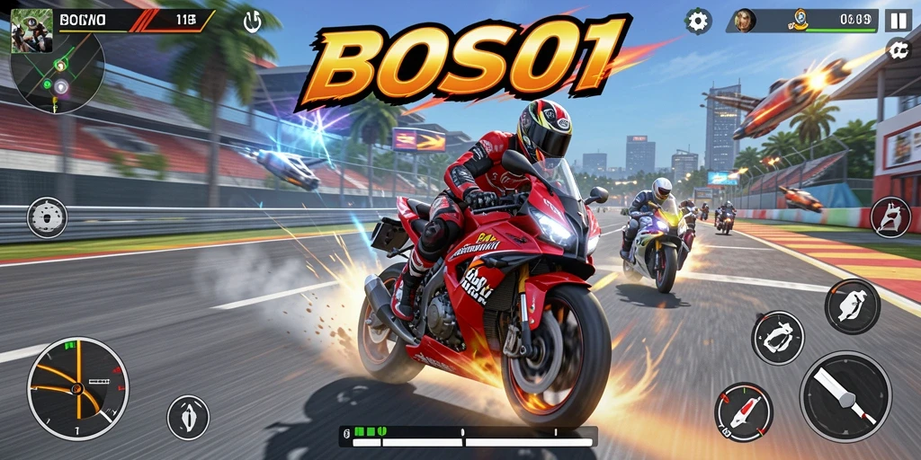 Screenshot gameplay dari <strong>BOS01</strong> menunjukkan aksi balap motor yang mendebarkan.