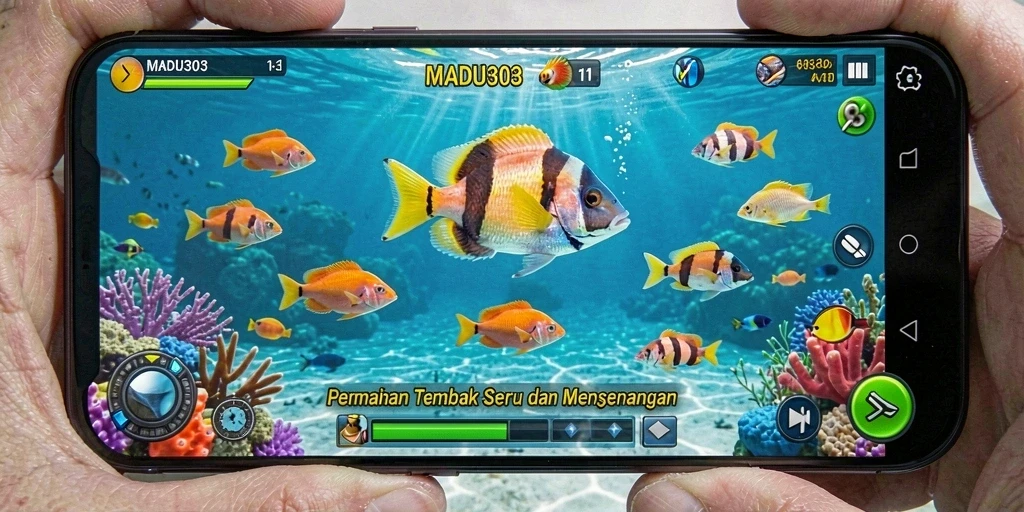 Screenshot gameplay MADU303 yang menampilkan aksi menangkap ikan.