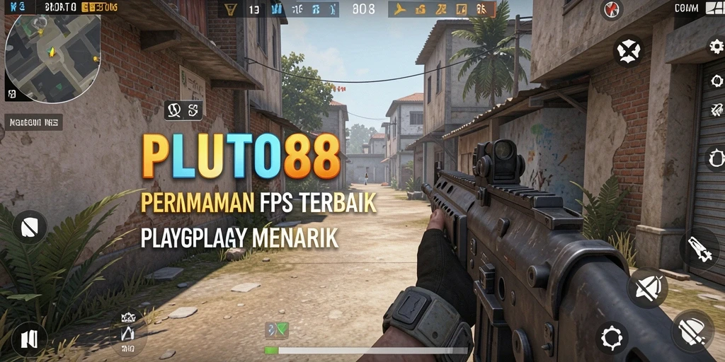 Screenshot utama PLUTO88 menampilkan aksi seru dalam pertempuran FPS.